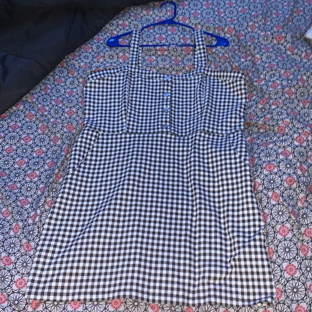 Black white plaid button-up back zipper dress